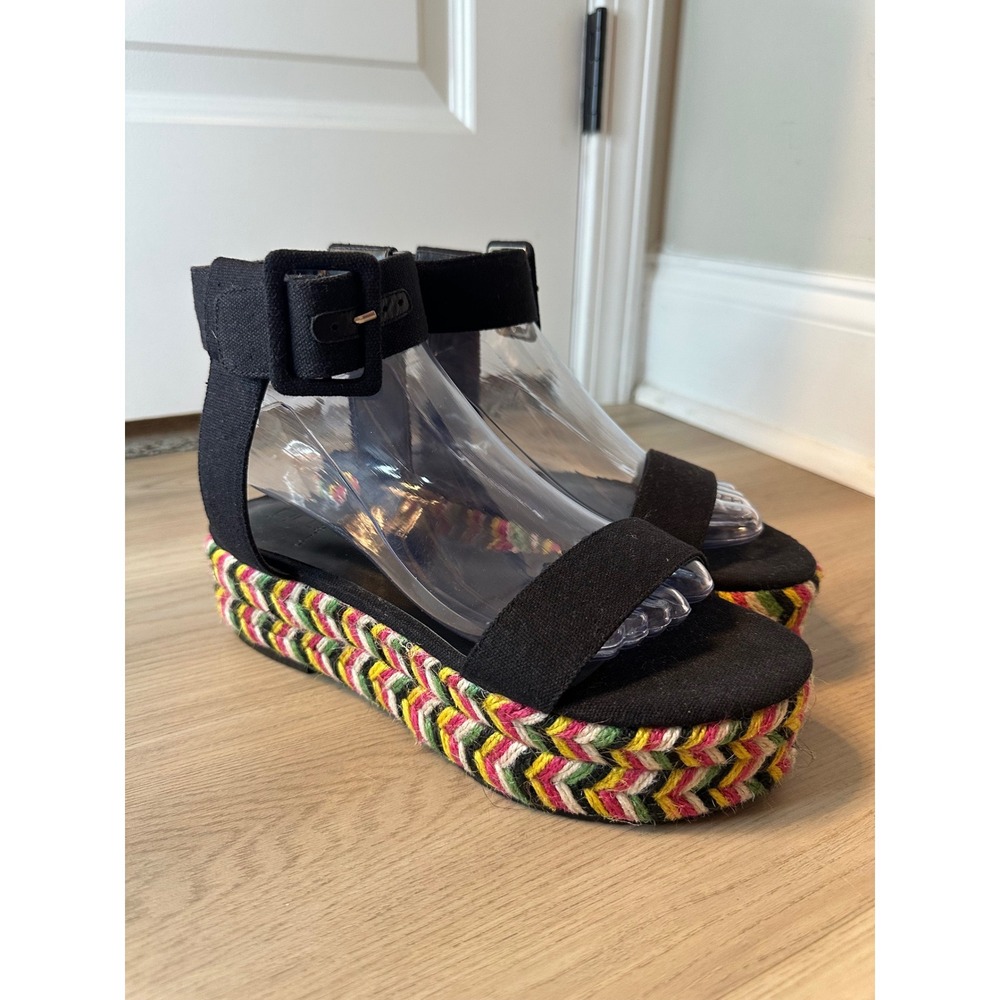 House of Harlow 1960 Black Multi Color Woven Espadrille Platform Sandals 8.5